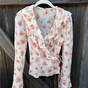 Free People Cream and Orange Floral Wrap Blouse